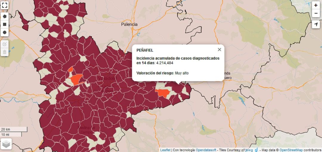 El mapa del Servicio de Epidemiología de la Junta advierte en situación de Muy Alto riesgo a prácticamente toda la provincia de Valladolid.