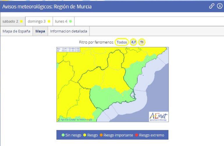 Aviso amarillo por lluvias en la Vega del Segura, Altiplano y Noroeste