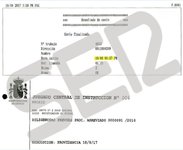 Imagen del registro del Fax enviado por la Audiencia Nacional a los letrados de la Comunidad de Madrid con la providencia del Juez Andreu, que ya en agosto dio vía libre al Gobierno de Cifuentes para entregar las actas del Canal de Isabel II porque no est