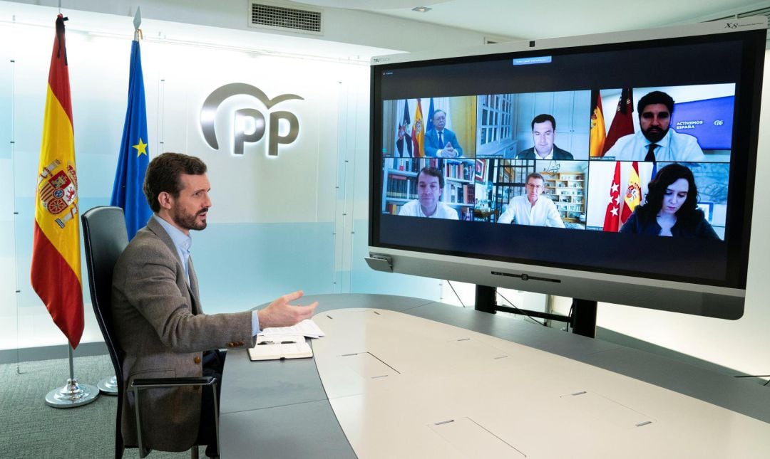  El presidente del partido, Pablo Casado, durante la reunión telemática.