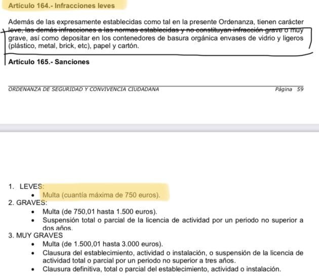 Artículo de la ordenanza de Seguridad y Convivencia Ciudadana, en donde se recogen sanciones para aquellos que no reciclen debidamente