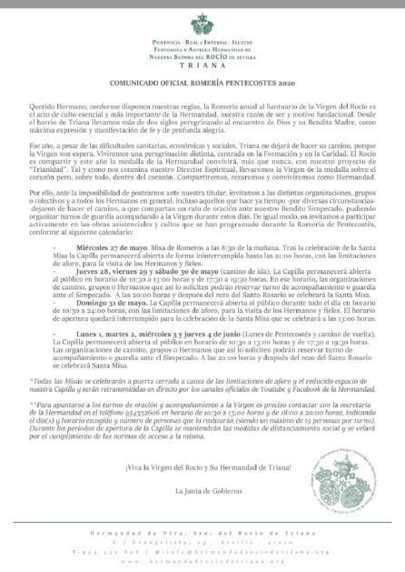 Comunicado oficial de la Hermandad del Rocío de Triana