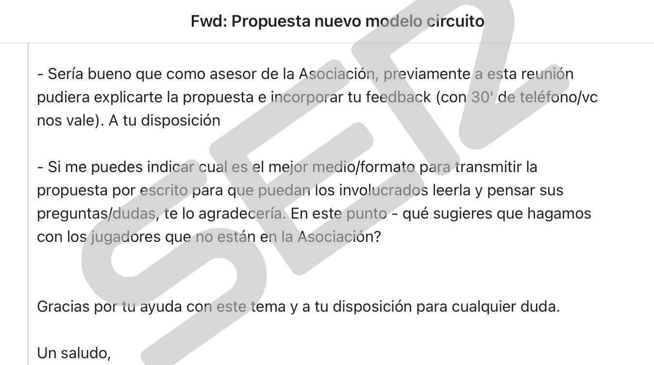 Primer correo de WPT a la asociación de jugadores en el que trata de cerrar una reunión para trasladar la propuesta de nuevo circuito. 