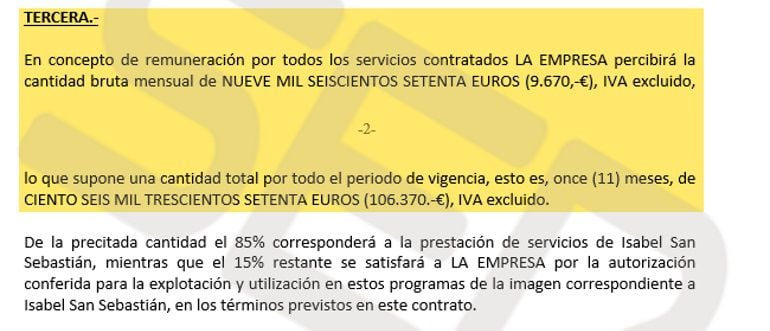 Detalle del contrato firmado entre Telemadrid y Leiggy SL, sociedad de la que Isabel San Sebastián era administradora única