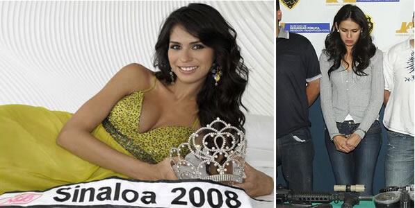 La modelo, sonriente y posando con su corona de Miss Sinaloa (en la izquierda). A la derecha, cabizbaja tras ser detenida.