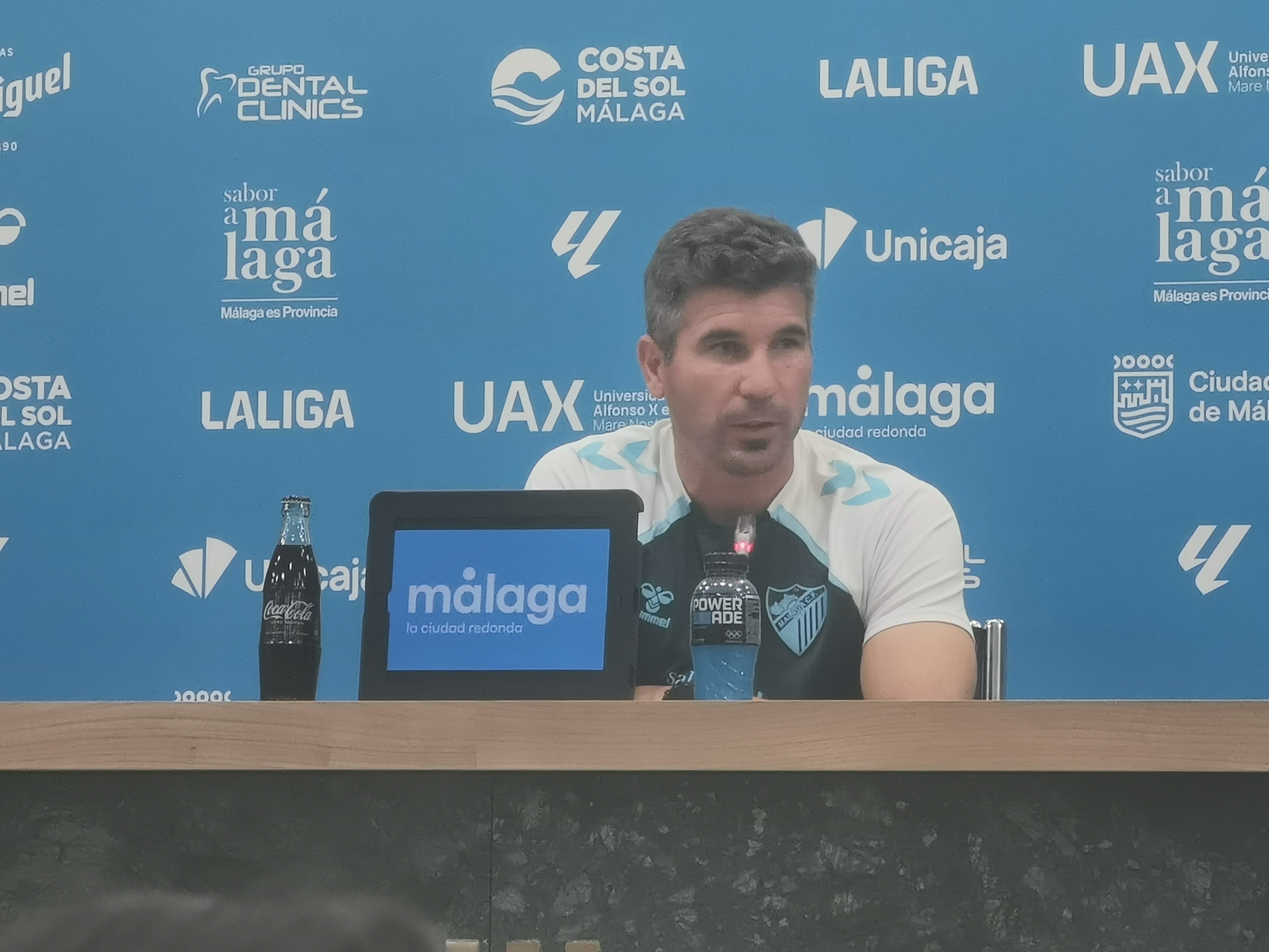 Juanfran Funes, en la sala de prensa de La Rosaleda