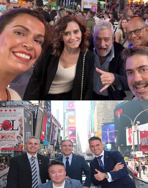 Montaje con las imágenes de Isabel Díaz Ayuso y Elías Bendodo durante sus visitas a Nueva York