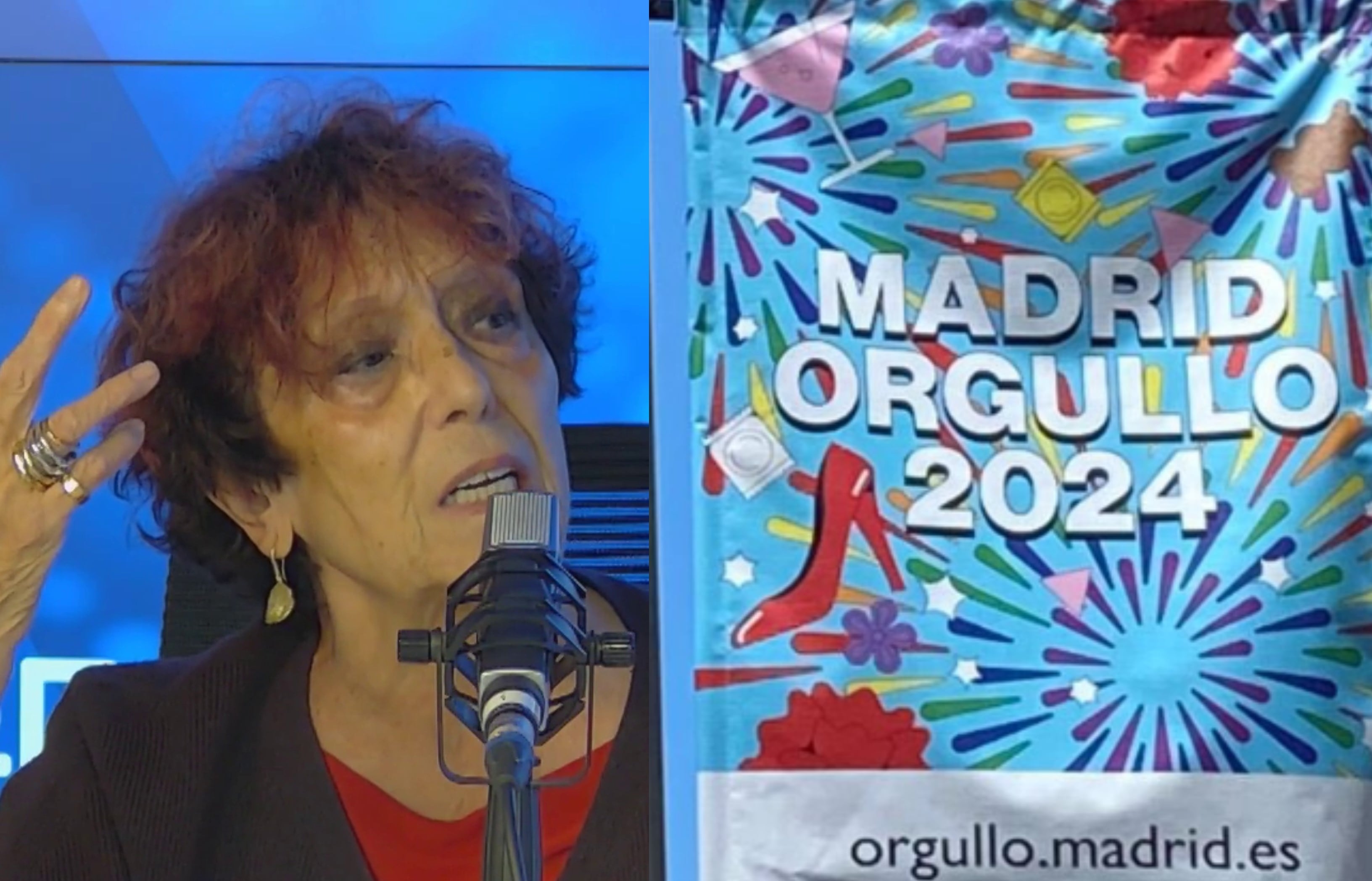 Maruja Torres junto al cartel del Orgullo LGTBI+ en Madrid