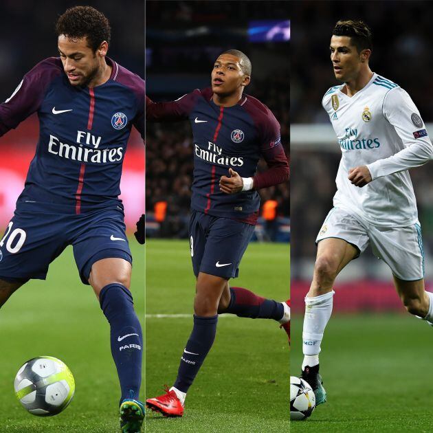 Extremo derecho: Neymar Jr. 222 millones (2017) Delantero centro: Kylian Mbappé. 145+35 millones (2018) Extremo izquierdo: Cristiano Ronaldo. 100+5 millones (2018)