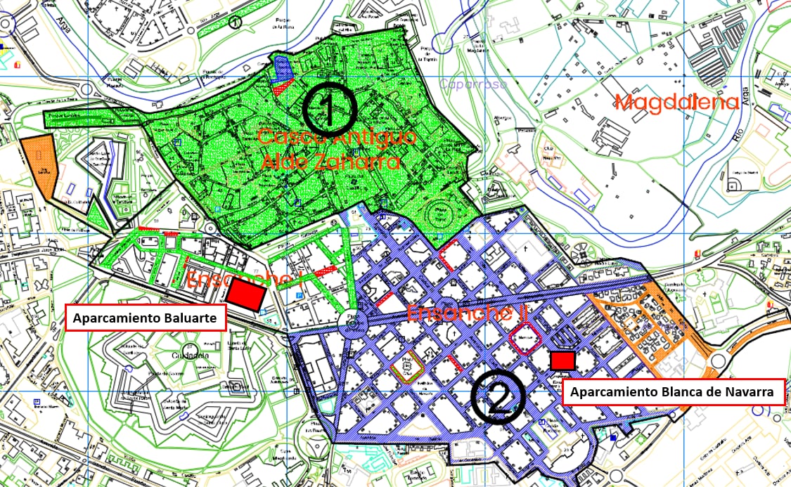 Mapa de las zonas de aparcamiento regulado 1 y 2