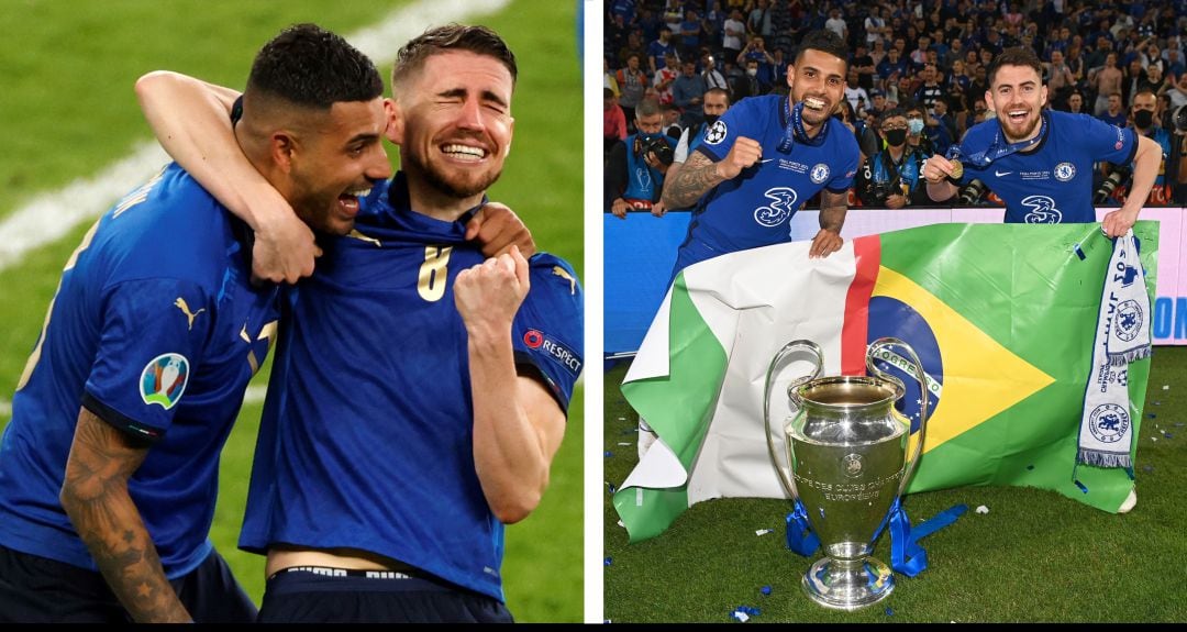 Jorginho y Emerson festejando conseguir la Eurocopa y la Champions