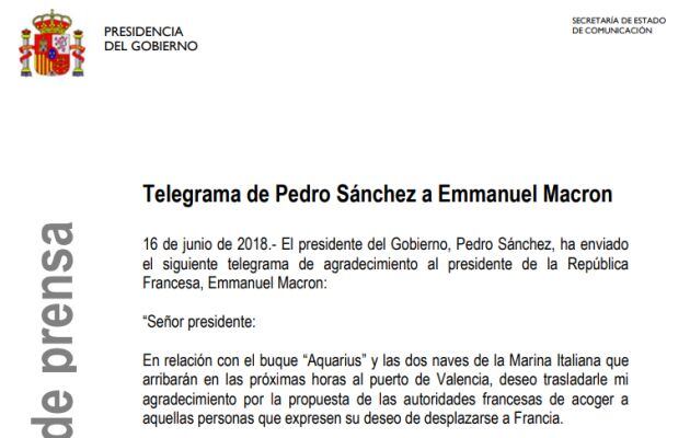 Documento | El telegrama de Sánchez a Macron.