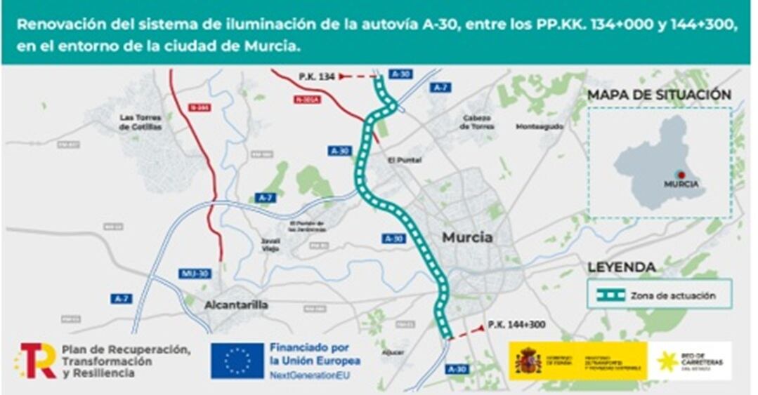 Adjudican por 2,4 millones de euros la renovación del alumbrado en la A-30 en el entorno de la ciudad de Murcia