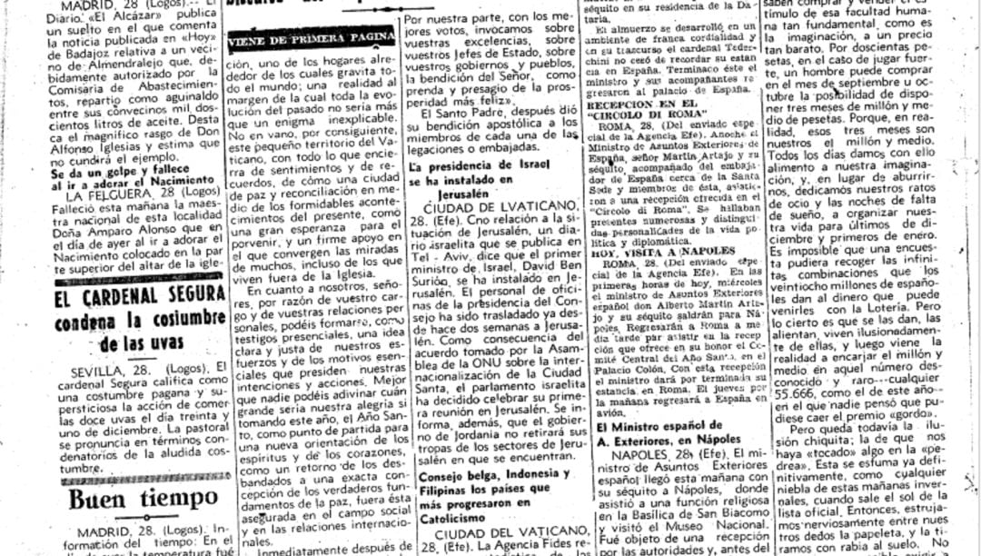 En Lanza, el 28 de diciembre de 1949, el cardenal Segura condenaba la costumbre de las uvas