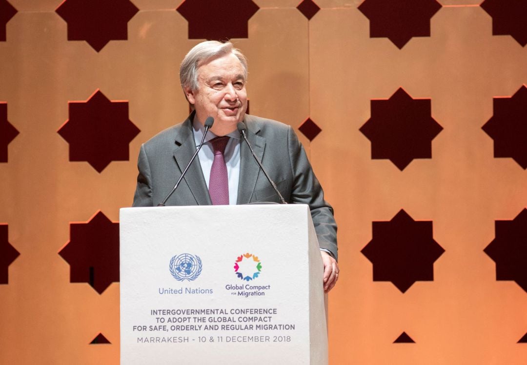 Fotografía cedida por la ONU donde aparece su secretario general, António Guterres, mientras habla durante la inauguración de la Conferencia Intergubernamental para Adoptar el Pacto Global para la migración regular, segura y ordenada