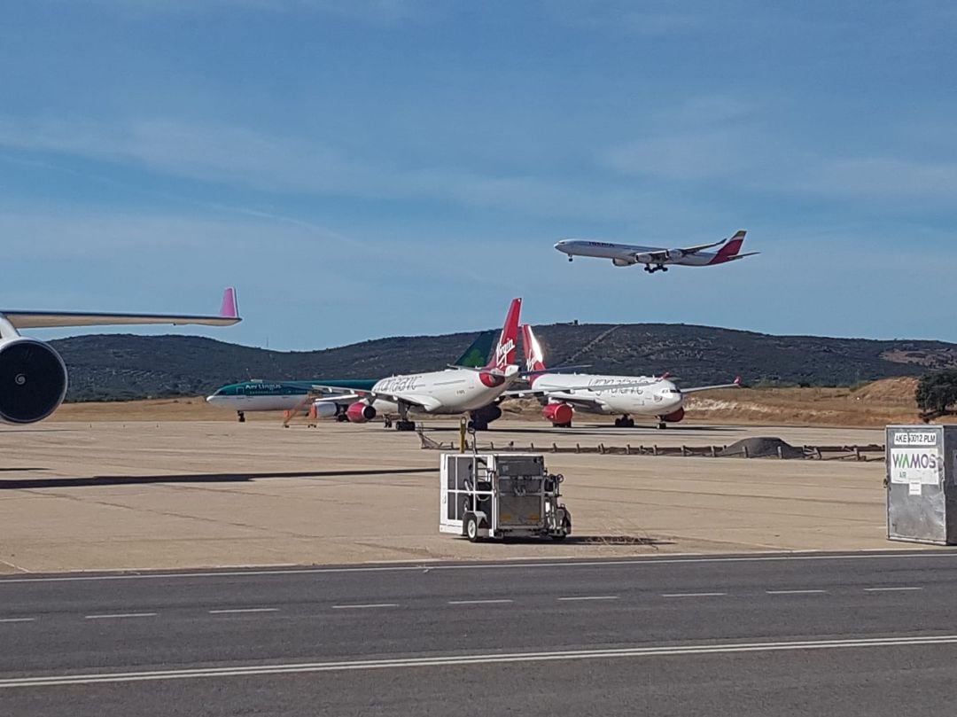 Imagen de aviones aparcados en el aeropuerto desde hace varias semanas y de avión aterrizando.