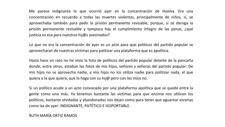 Comunicado firmado por Ruth Ortiz