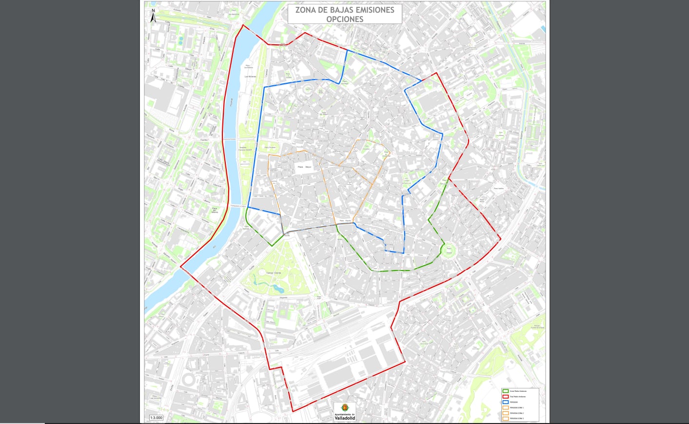 Nueva zona de bajas emisiones, marcada en azul, para Valladolid