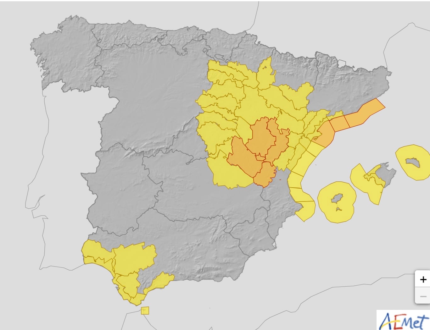 Mapa de avisos de AEMET para miércoles 30 de octubre. Fuente: AEMET