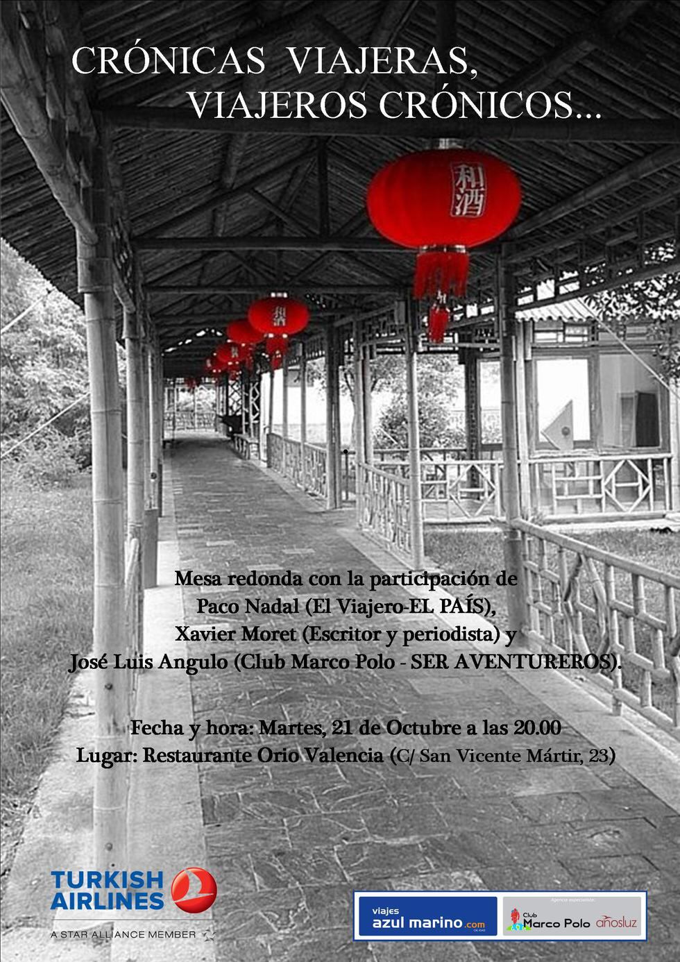 El martes 21 de octubre a las 20h en el restaurante Orio de Valencia ( C/ San Vicente Martir 23 ) se celebrara una charla- coloquio titulada Crónicas Viajeras, Viajeros Crónicos, participando en la misma dos de los colaboradores en temas de viajes de CADE