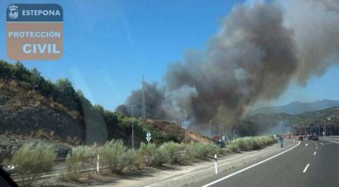 El fuego junto a la AP-7 que ha obligado a cortar el tráfico durante unos minutos