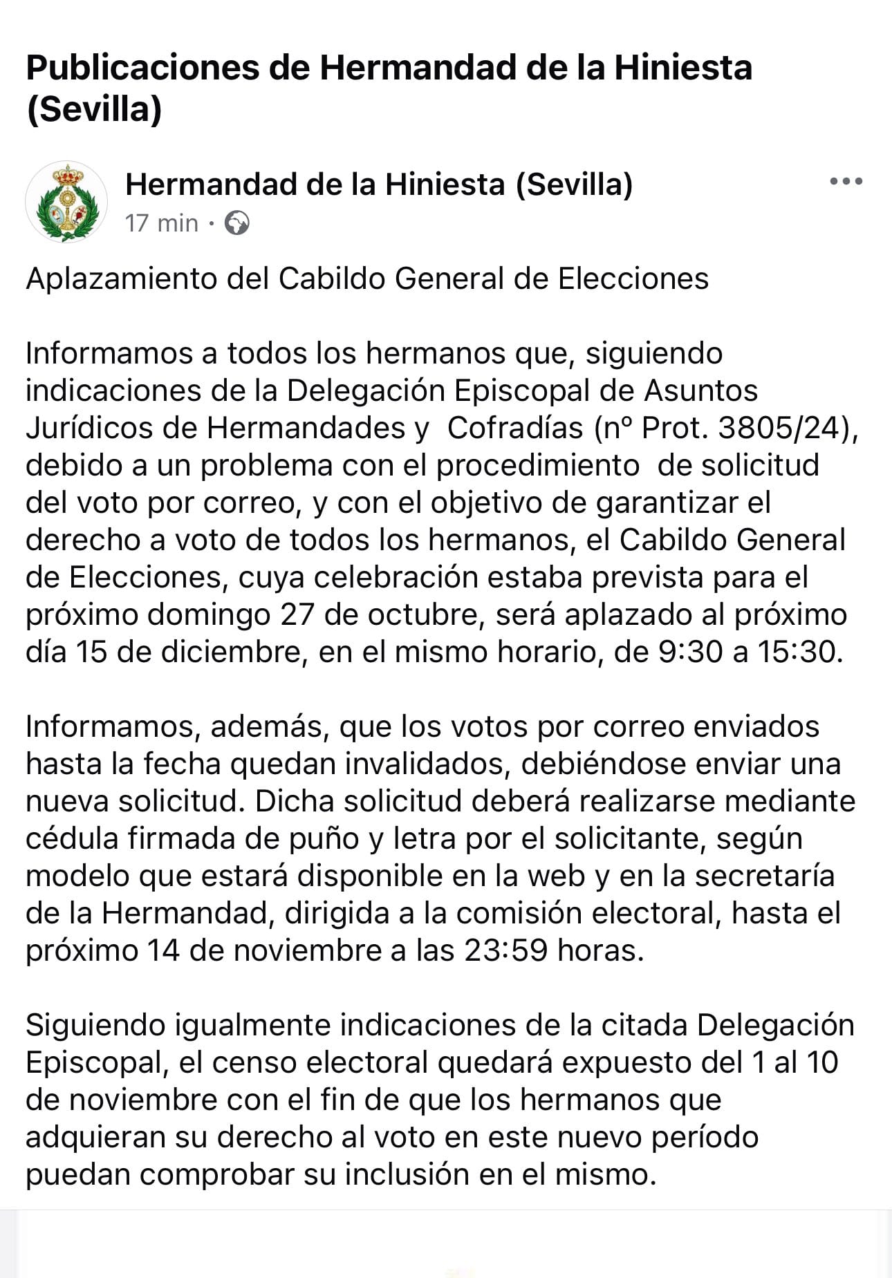 Comunicado emitido por la Hermandad de La Hiniesta sobre el aplazamiento del cabildo de elecciones