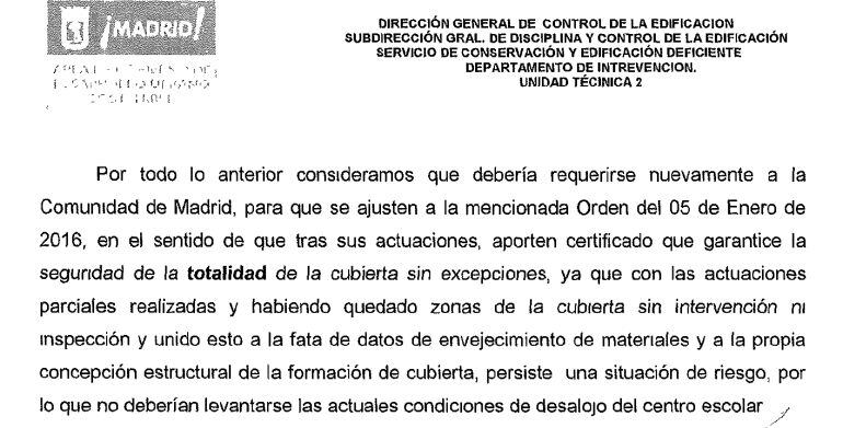 Conclusiones finales del informe del ayuntamiento de Madrid que consideran insuficientes las obras de la Comunidad y desaconseja que vuelvan los alumnos al colegio Gonzalo Fernández de Córdoba