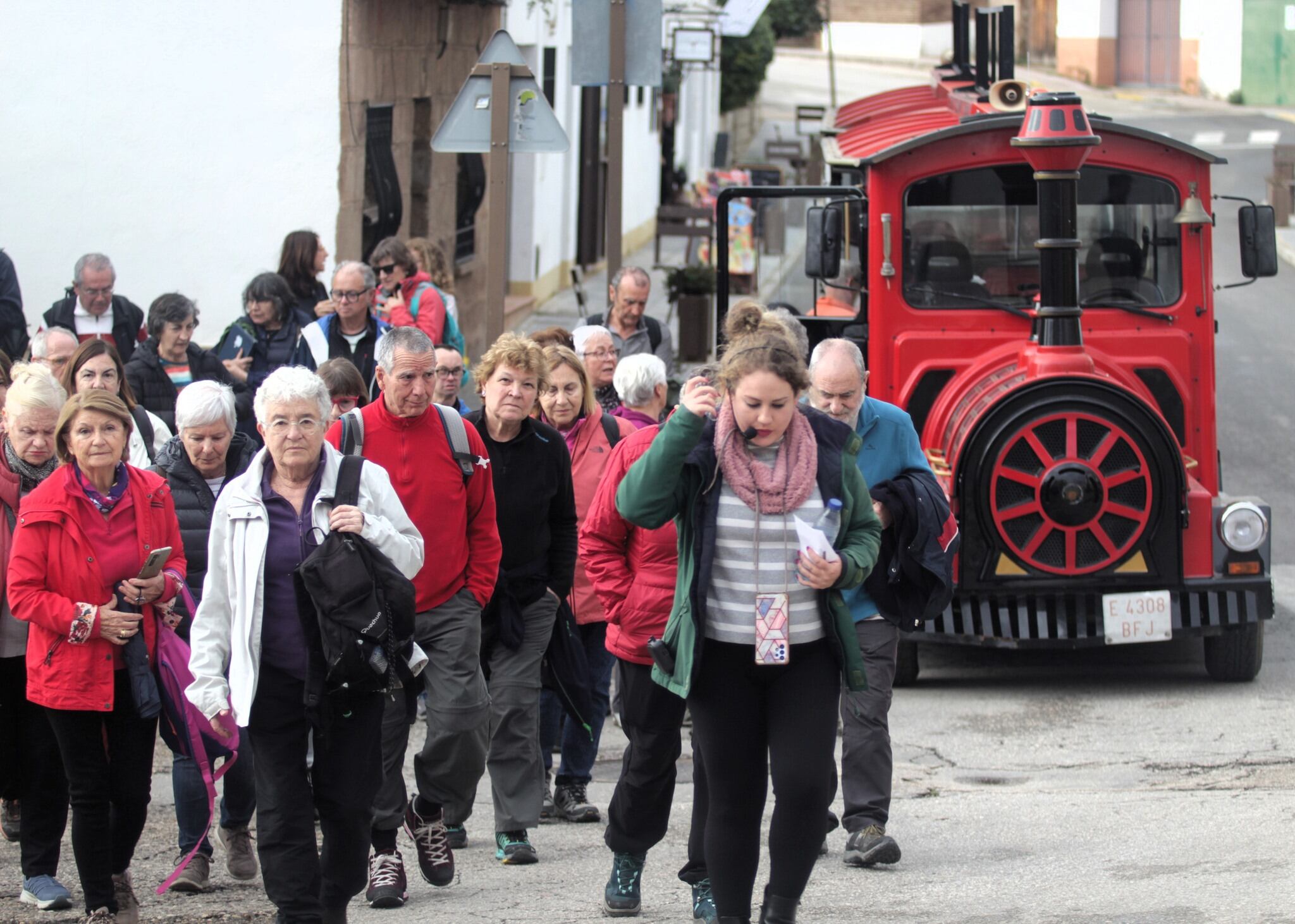 Una guía turística junto a un grupo de visitantes en Baños de la Encina.