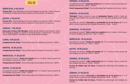 Programa de actividades estivales para el mes de julio.