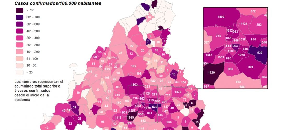 Mapa que muestra la incidencia del coronavirus en la Comunidad de Madrid