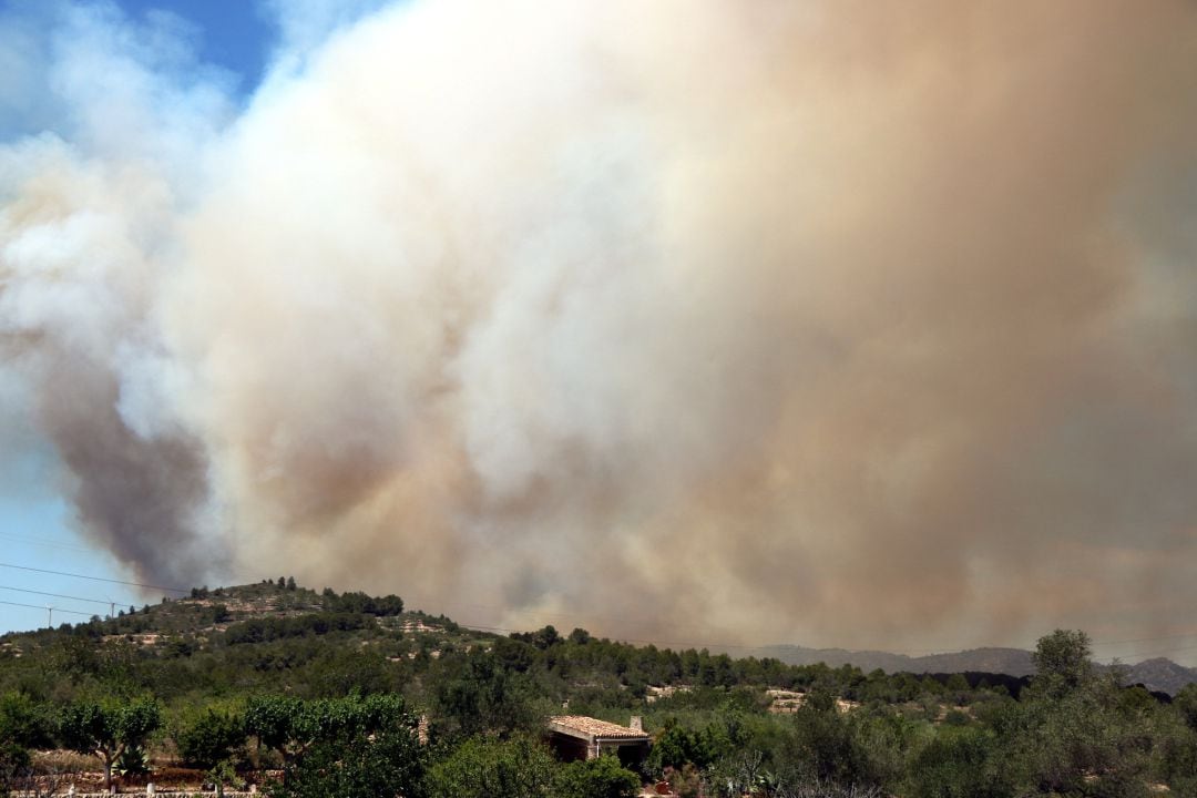 Columna de humo del incendio forestal declarado hoy en Perelló y que ha quemado ya 60 hectáreas.