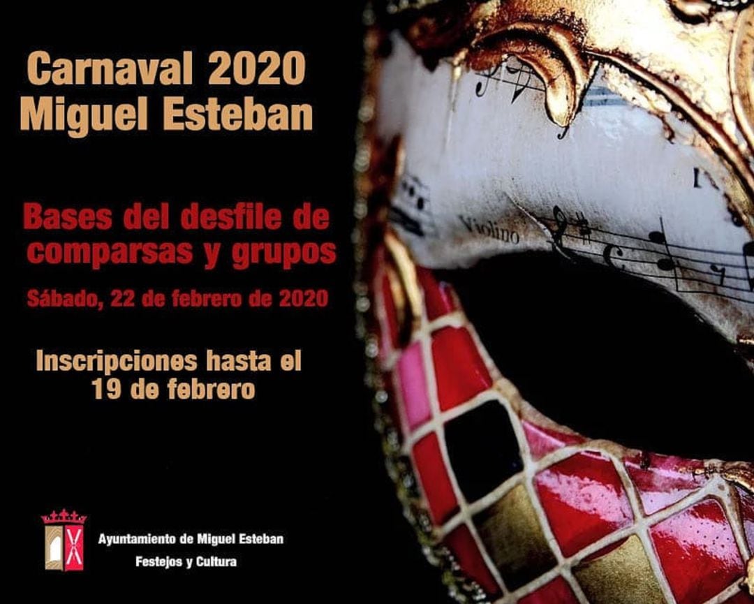 Cartel anunciador de las bases del desfile de comparsas y grupos de carnaval de Miguel Esteban.