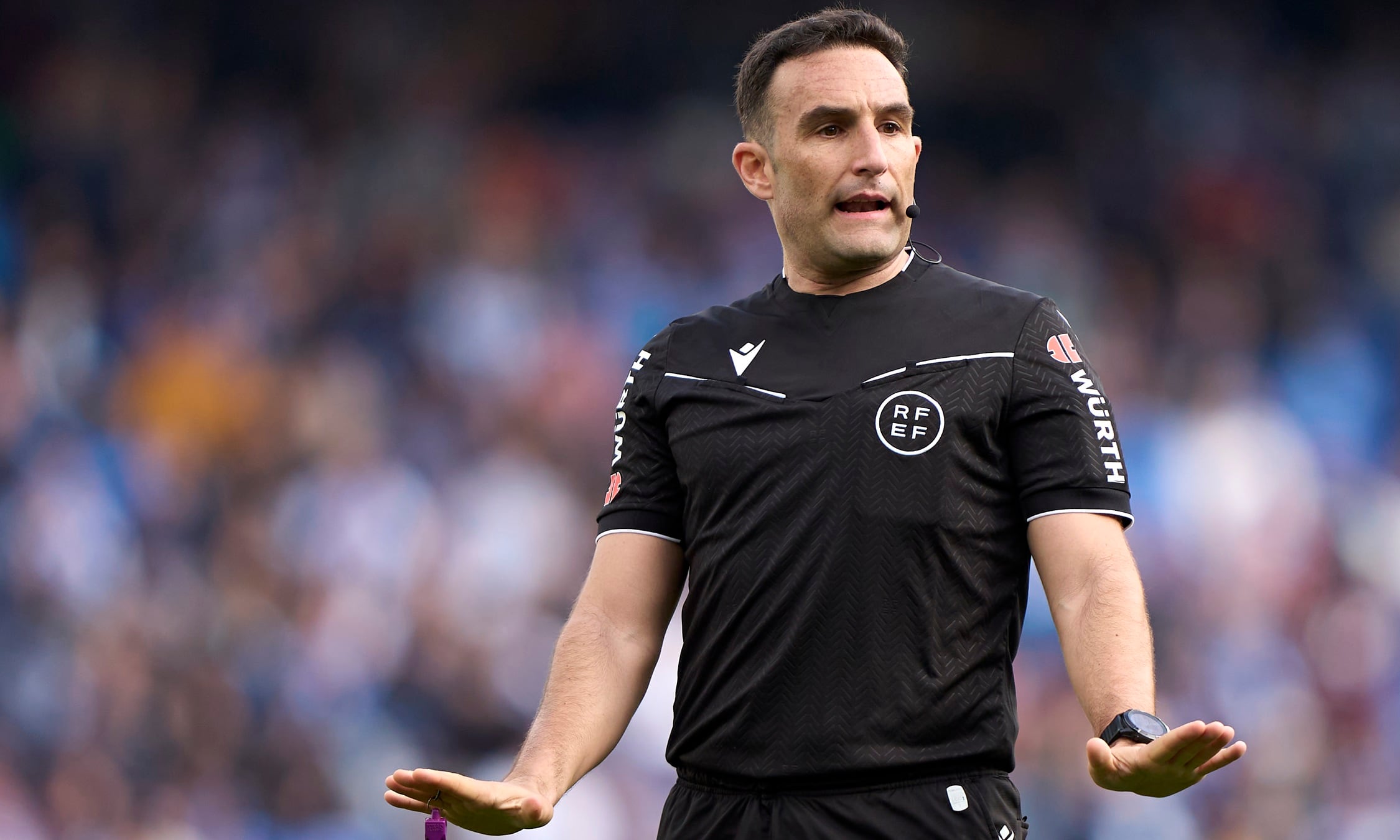 Referee Damaso Arcediano Monescillo reacts during the La Liga Hypermotion match between RC Deportivo La Coruna and SD Huesca at Estadio Abanca Riazor in A Coruna, Spain, on February 23, 2025. (Photo by Jose Manuel Alvarez Rey/JAR Sport Images/NurPhoto via Getty Images)
