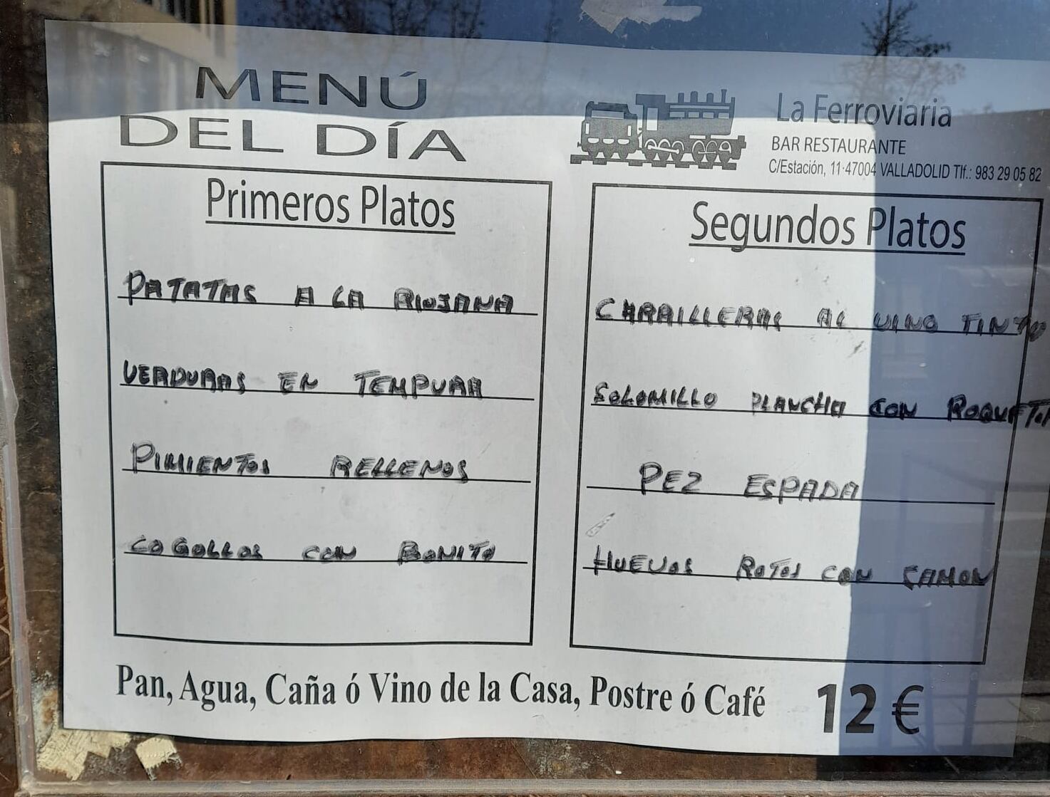 Menú del día en el bar La Ferroviaria de Valladolid.