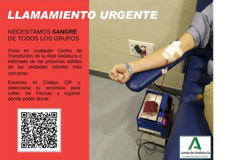 Cartel anunciador de la campaña de donación de sangre. Si escanea el código obtendrá toda la información