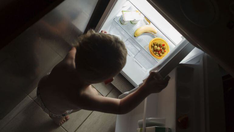 Un niño abre un frigorífico casi vacío