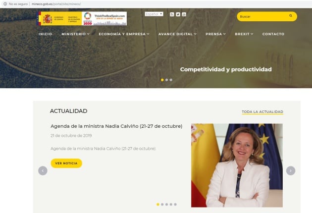 La página web del Ministerio de Economía y Empresa sin certificado de seguridad