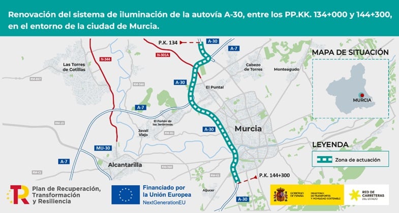 El tramo afectado por la renovación de las luminarias en la A-30 es de 10 kilómetros