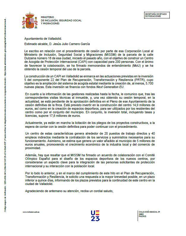 Carta de la secretaria de Estado de Migraciones, Isabel Castro Fernández, al alcalde de Valladolid sobre el centro de refugiados