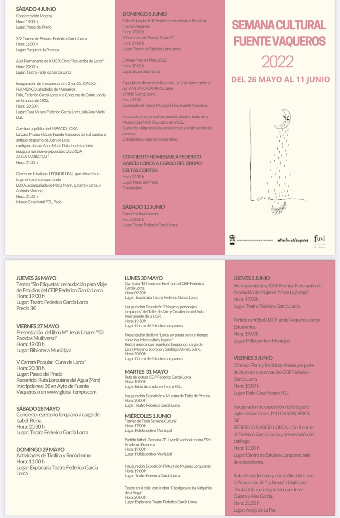 Programa de la Semana Cultural de Fuente Vaqueros de 2022 dedicada a la conmemoración del nacimiento de Federico García Lorca