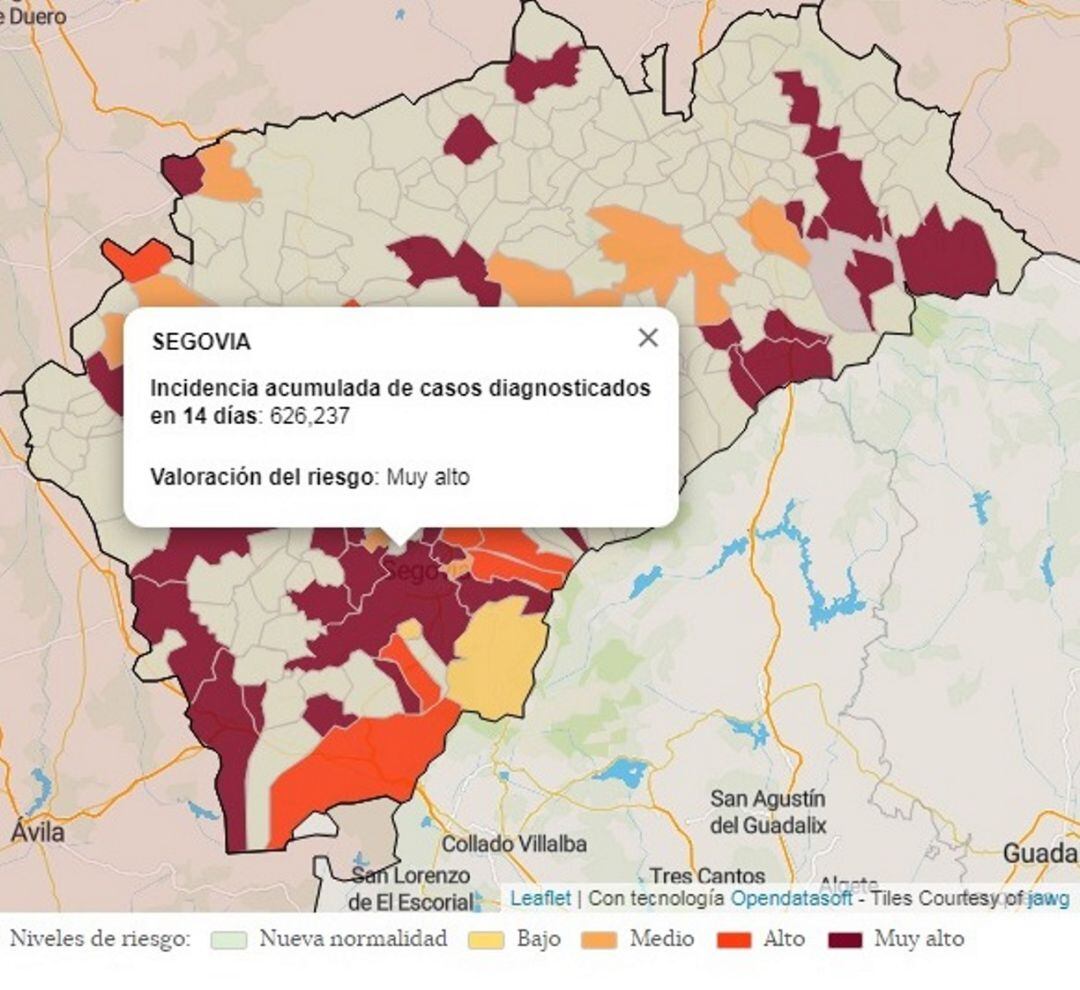 Mapa de incidencia por covid 19 en la provincia de Segovia