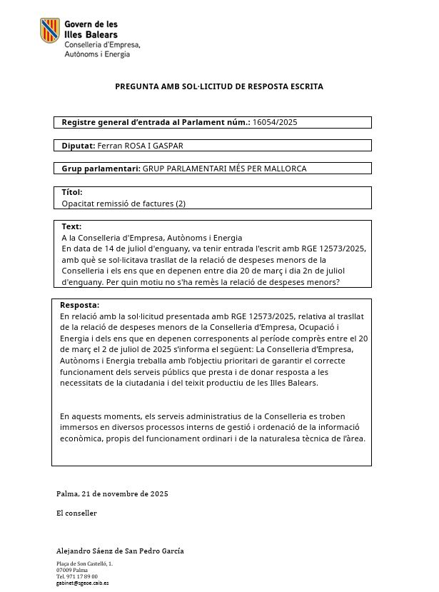 Una de las respuestas por escrito a Més per Mallorca de los motivos esgrimidos por la conselleria