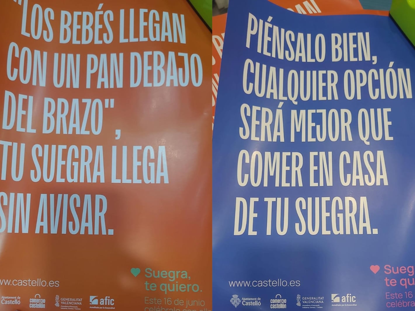 Carteles de la polémica por la celebración del día de la suegra en Castellón.