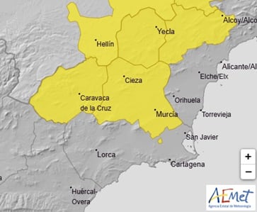 La Región de Murcia volverá a estar en alerta amarilla por lluvias y tormentas este martes por la tarde