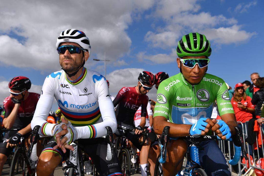 Los corredores del Movistar Alejandro Valverde y Nairo Quintana