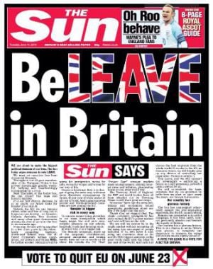 Portada del diario británico &#039;The Sun&#039; del martes 14 de junio pidiendo el voto a favor de la salida del Reino Unido de la UE.