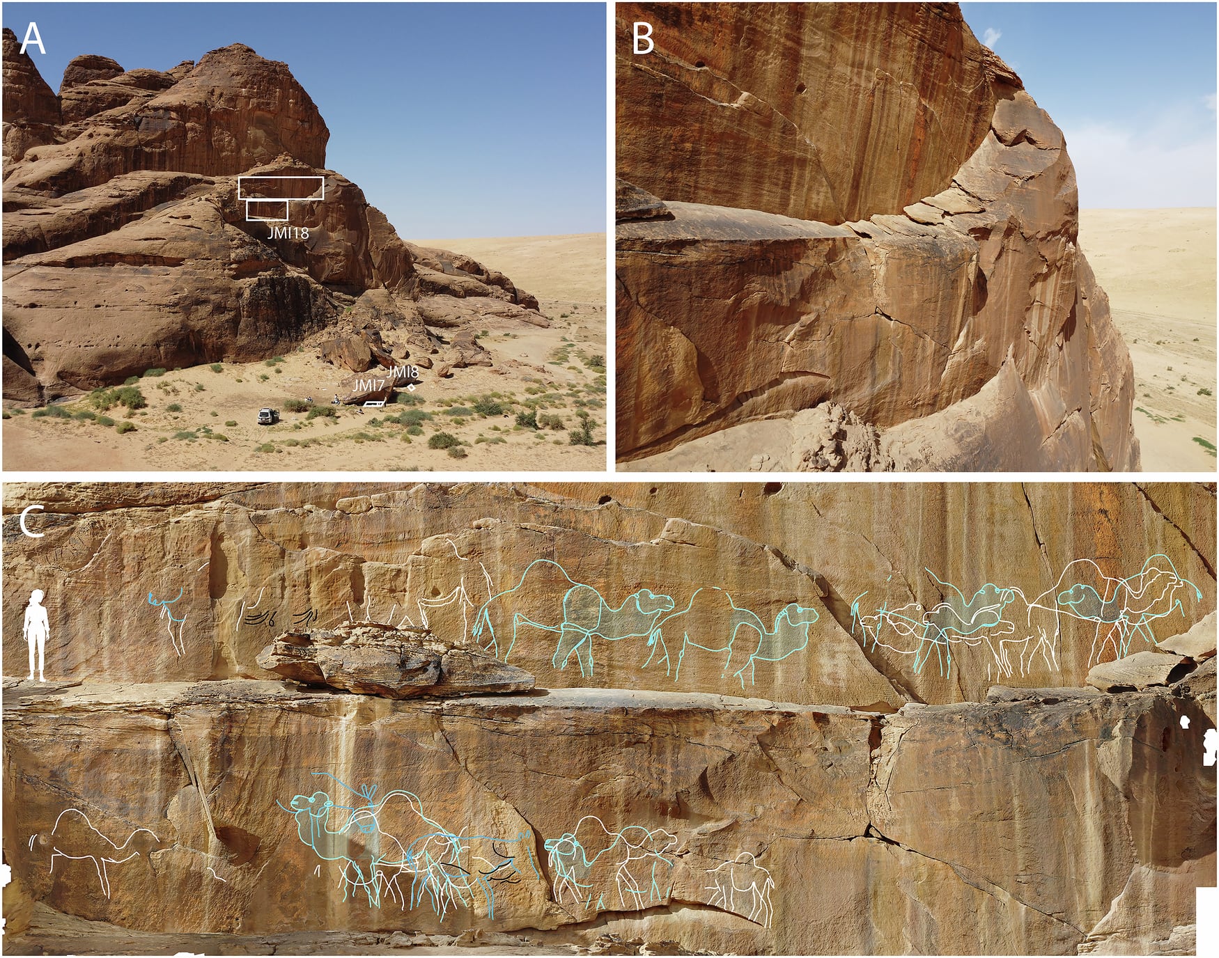 Panel monumental de arte rupestre en Jebel Misma (JMI18) | Crédito: Guagnin et al., Nature Communications (2025)