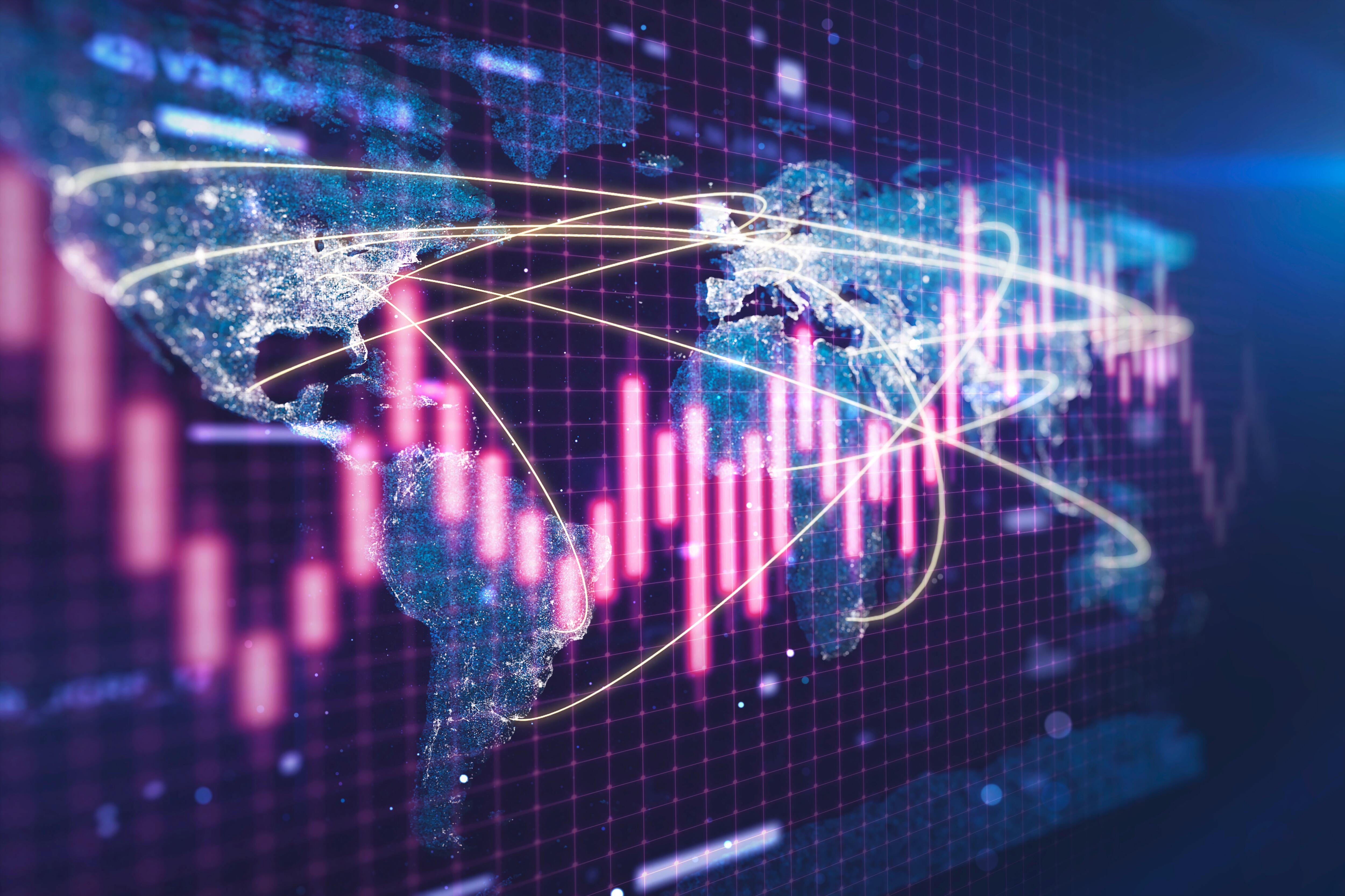 Stock market chart on a glowing particle world map with connection network.