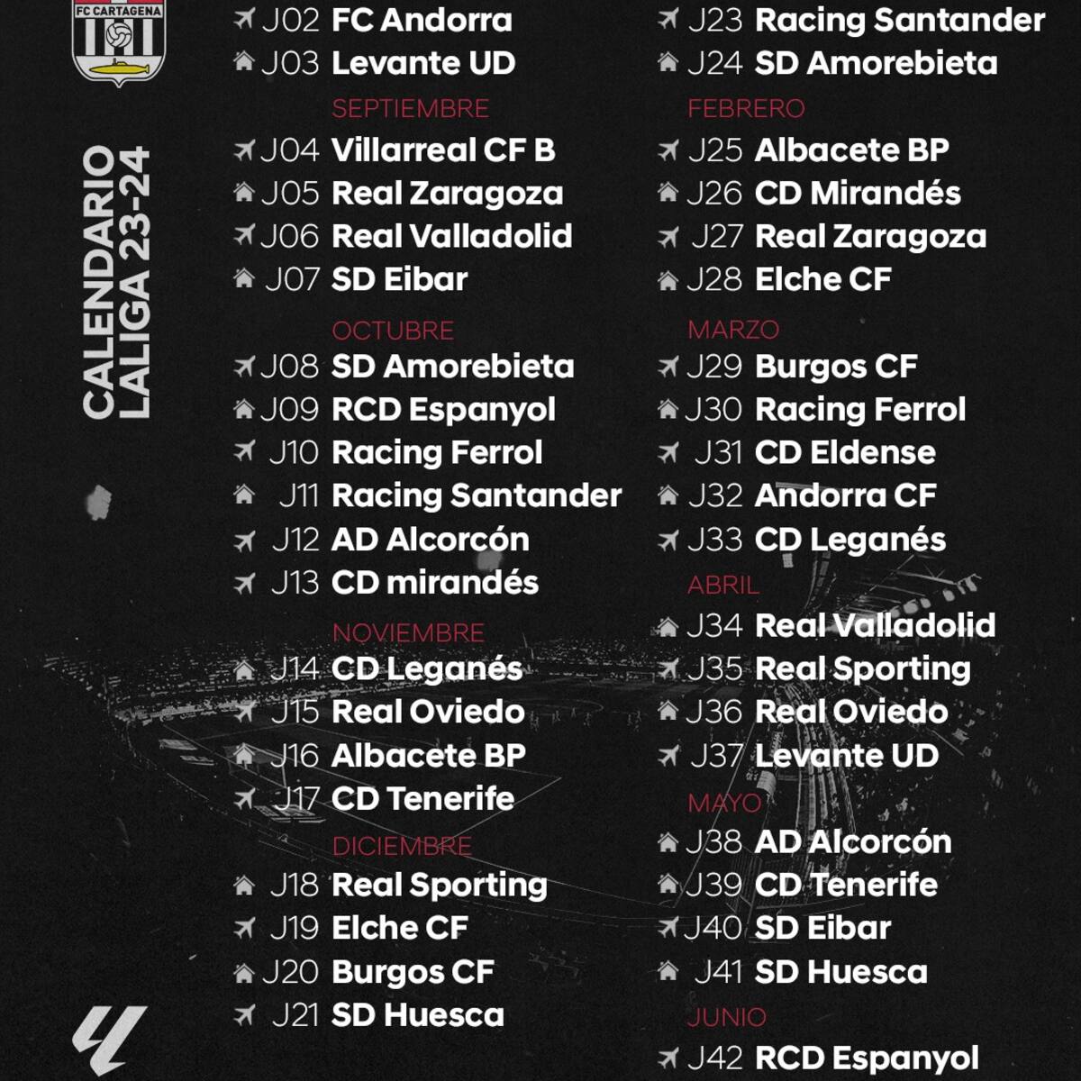 El FC Cartagena arrancará la temporada recibiendo al Eldense y la cerrará en el RCDE Stadium