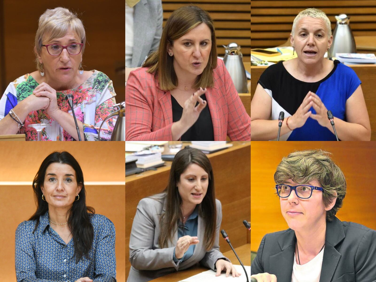 Las seis síndicas en Les Corts Valencianes, Ana Barceló (PSPV), María José Catalá (PP), Papi Robles (Compromís), Ruth Merino (Cs), Ana Vega (Vox) y Pilar Lima (UP)